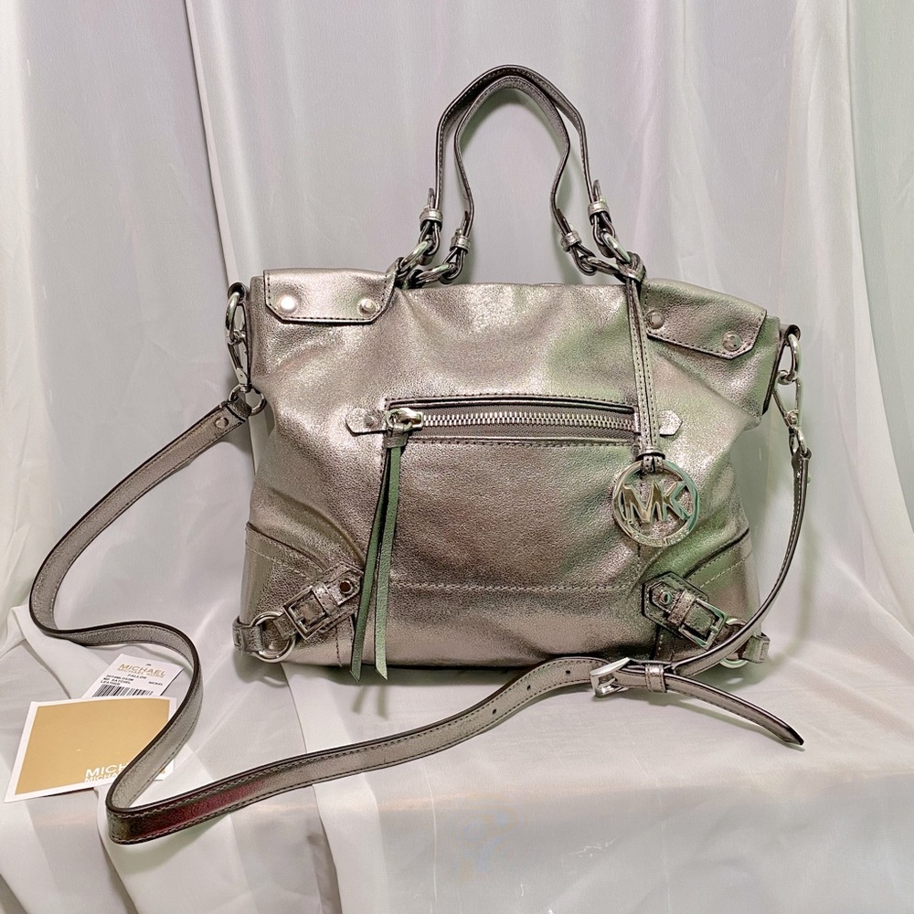 Authentic MICHAEL KORS Fallon Medium Nickel Satchel Leather Handbag